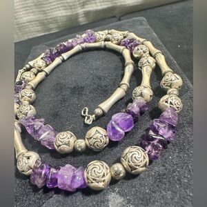 Vtg: Natural Chipped Amethyst , Silver Toned Rose Designed Necklace